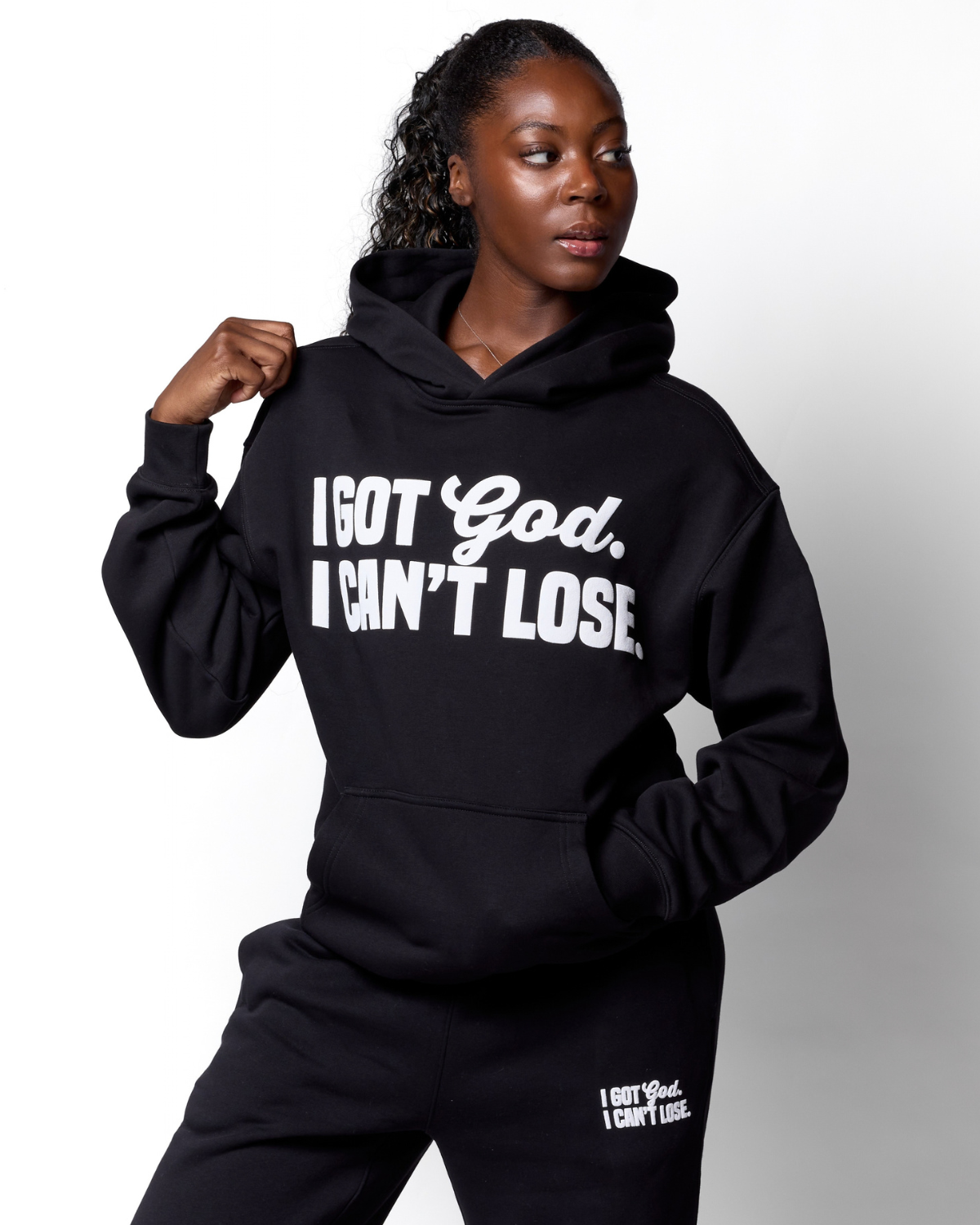 "I GOT GOD I CAN'T LOSE" HOODIE (BLACK/ PUFF WHITE)